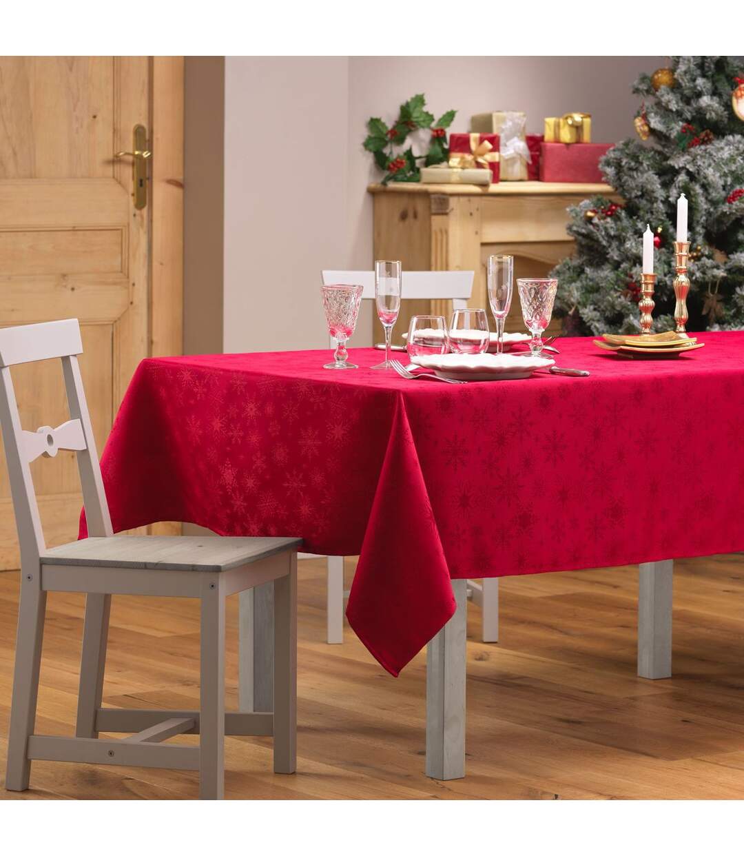 Nappe Jacquard Imprimé Flocons 140x240cm Rouge-4