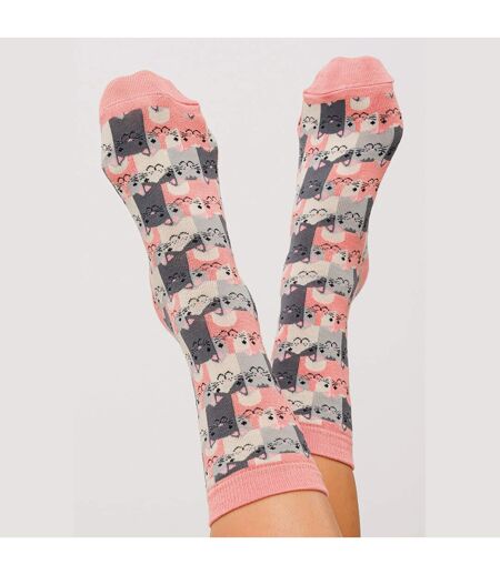 1 Pack Ladies Novelty Dusky Pink Happy Cat Bamboo Socks