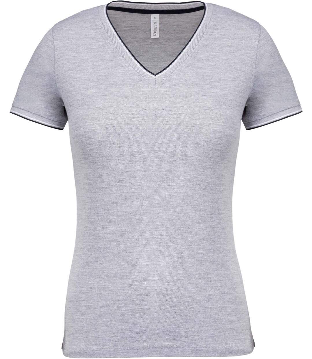 T-shirt manches courtes coton piqué col V K394 - gris chiné - femme