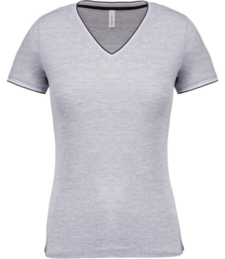 T-shirt manches courtes coton piqué col V K394 - gris chiné - femme