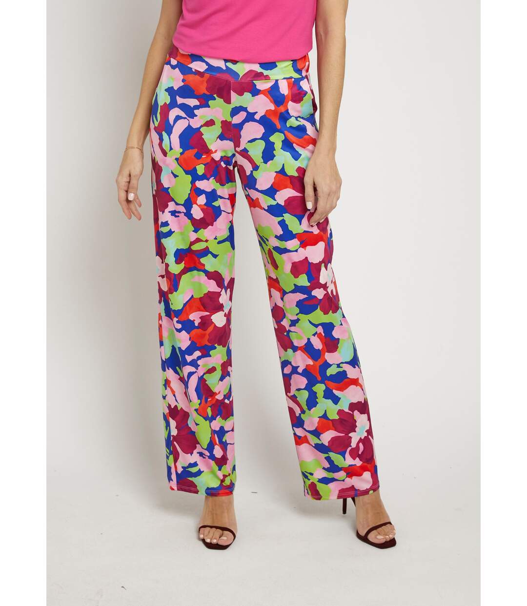 Pantalon fluide stretch, motif fleuri pop-1