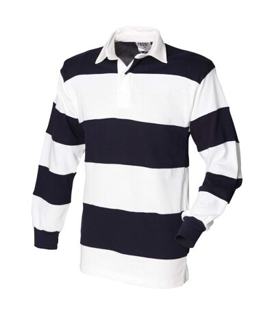 Polo de rugby hommes blanc/bleu marine col blanc Front Row