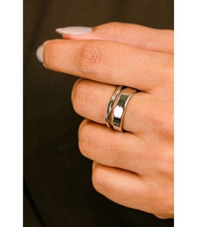 Adjustable Thick Hammered Silver Irregular Cuff Band Wave Ring