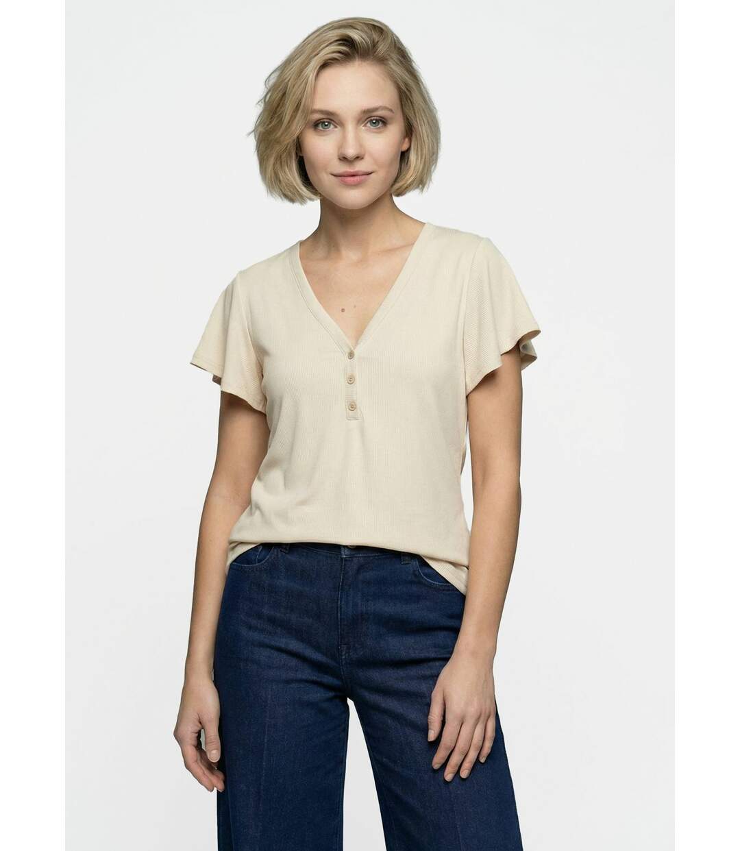 T-shirt col V jersey cotelé, Essentiel-1