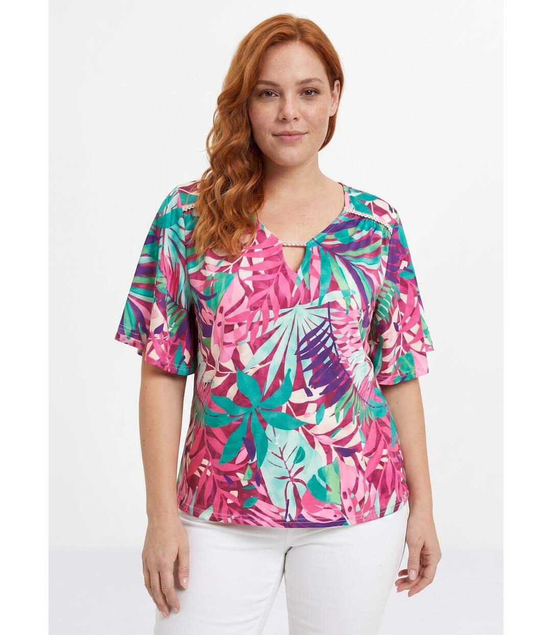T-shirt imprimé tropical manches papillon-1