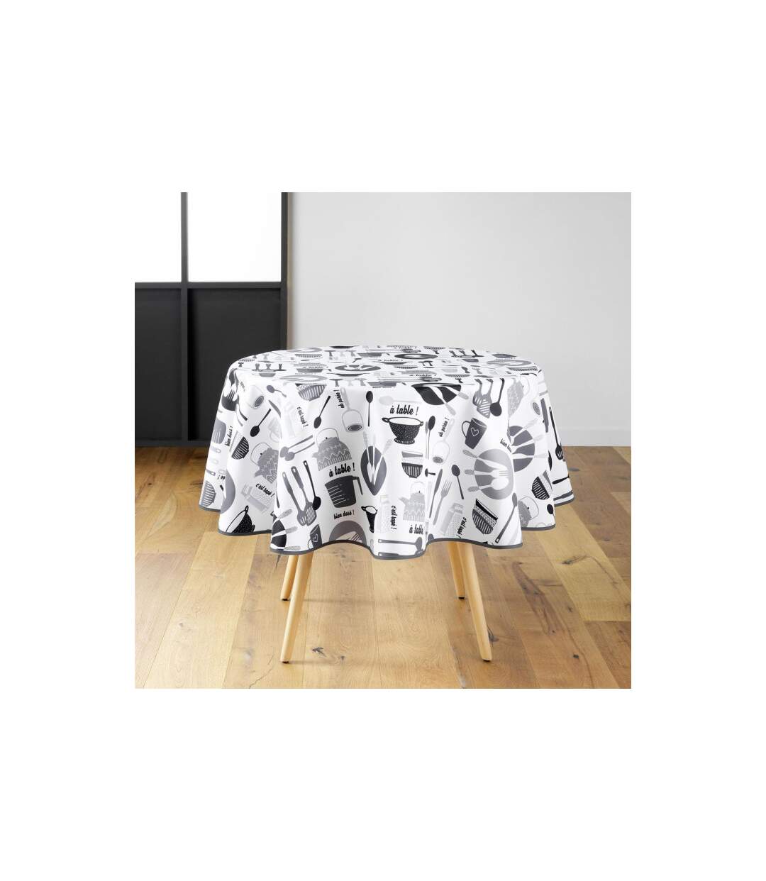 Nappe Ronde Imprimé Kitchen 180cm Blanc & Noir