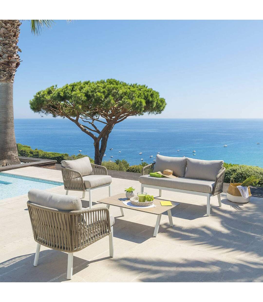 Salon de jardin Barcelone - 4 Places - Marron tonka et blanc-2