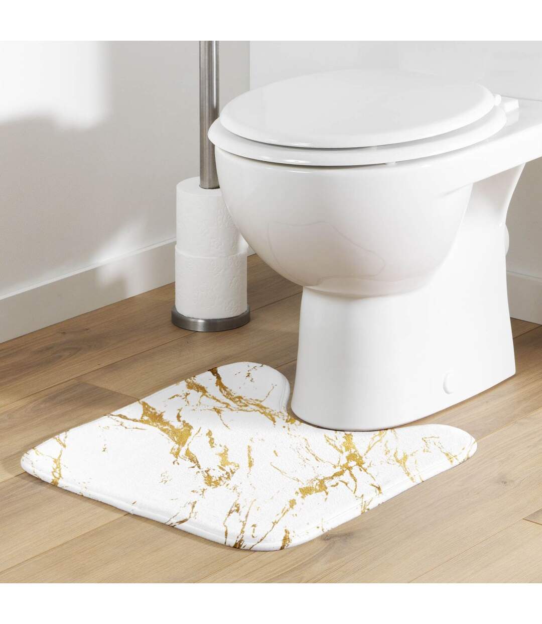 Tapis Contour WC Imprimé Aquamarbre 45cm Blanc & Or-4