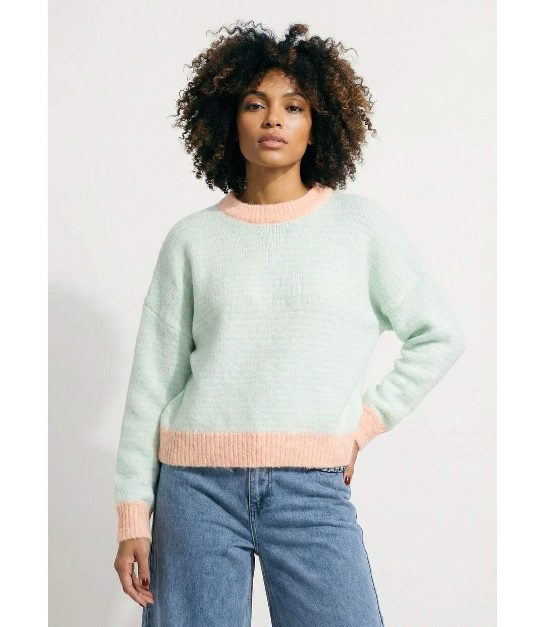 Pull duveteux rayé pastel forme loose-1