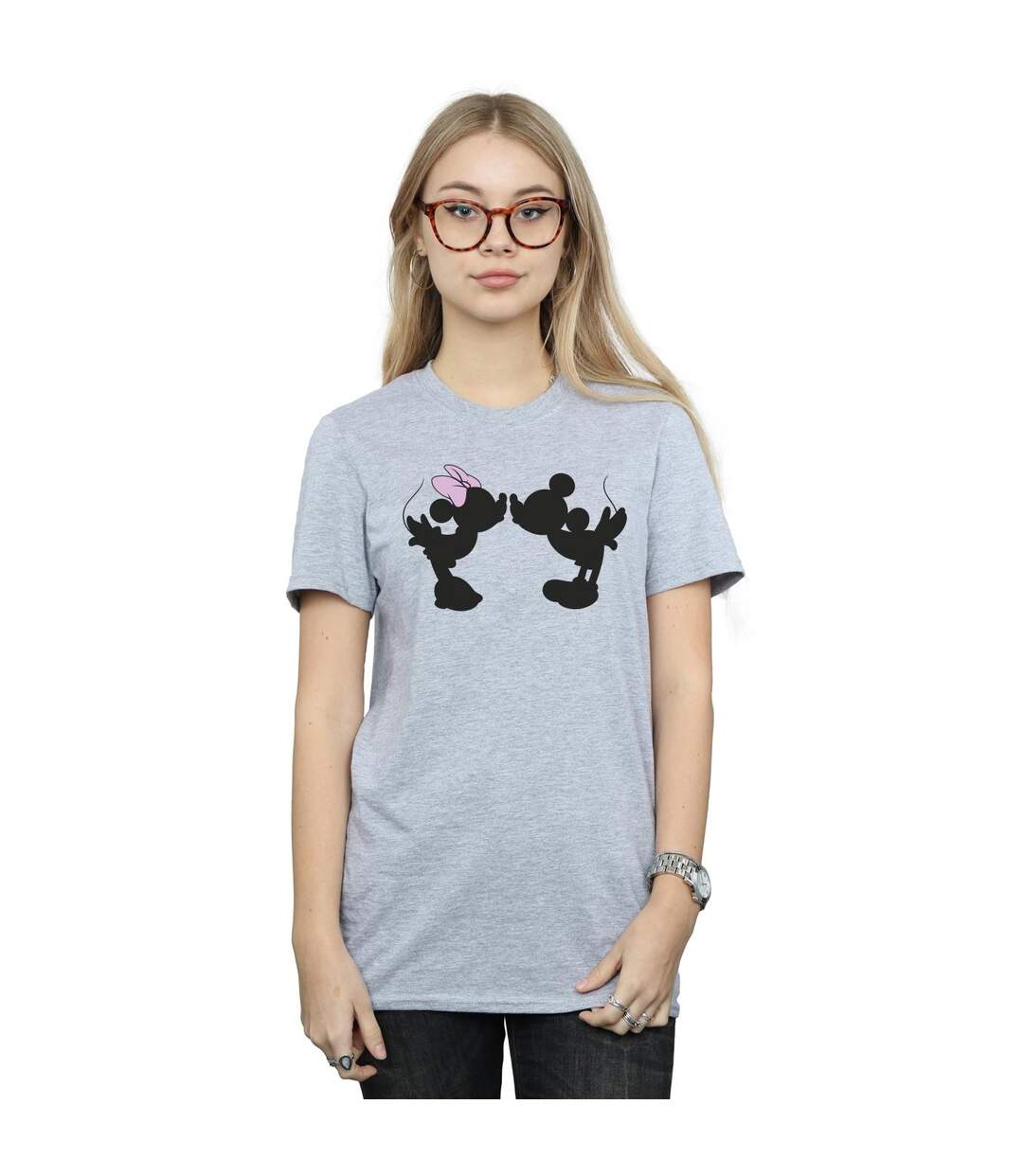 Disney Femmes/Les femmes Mickey Minnie Kiss Silhouette Coton Boyfriend T-Shirt (Gris sportif) - UTBI38197-2