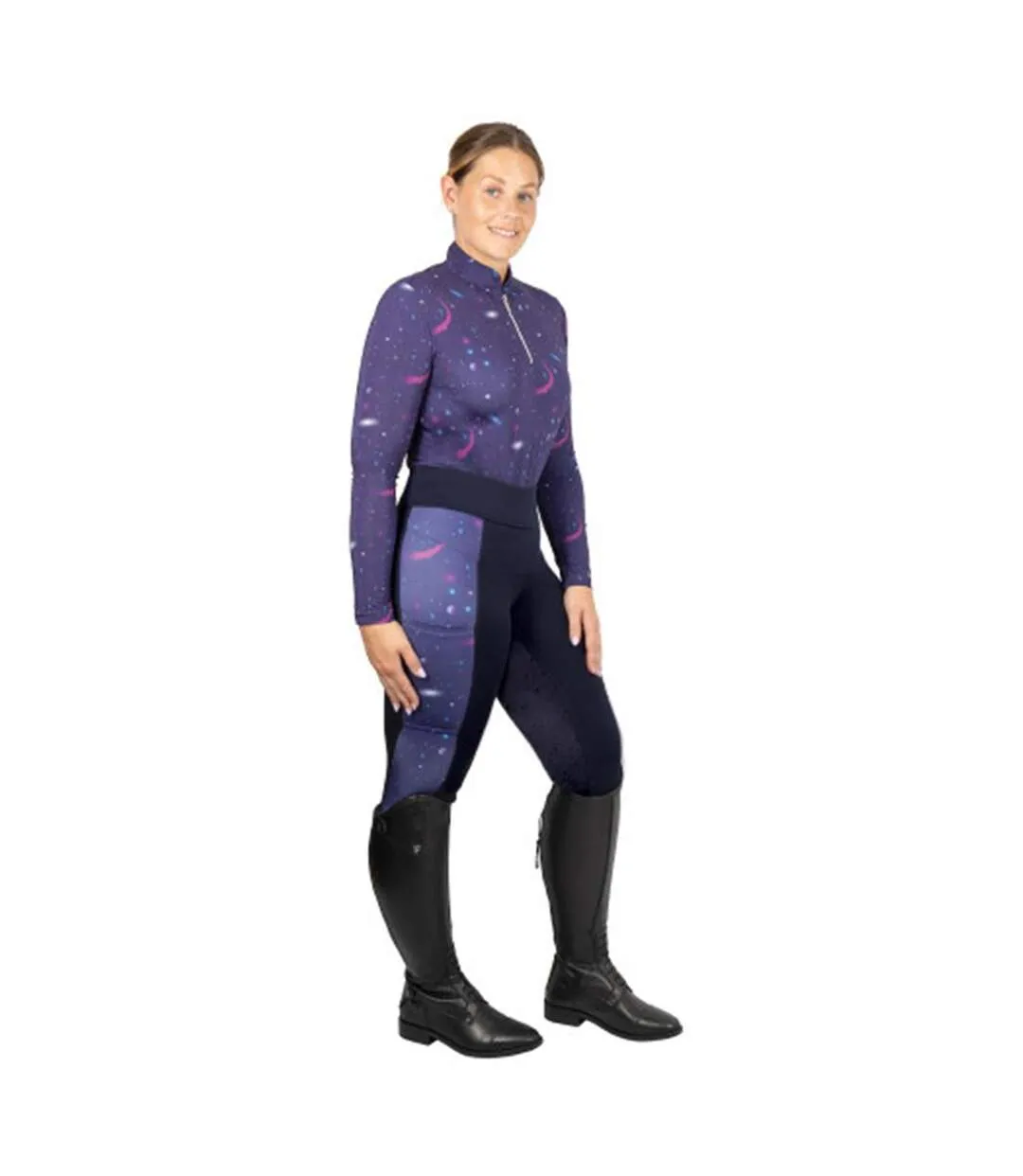 Womens/ladies Elevate Out Of This World Horse Riding Tights Navy Magenta Hy-1