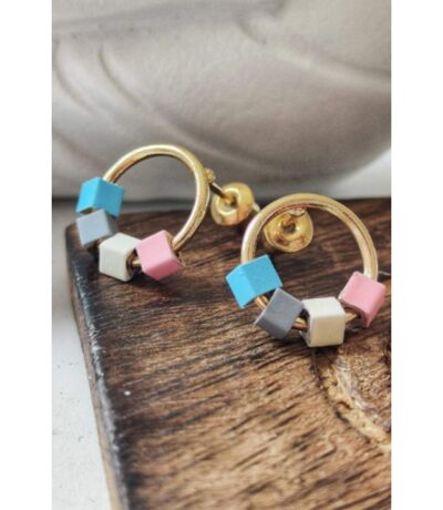 Simple Cute Geometric Cube Golden Circular Cubical Multicolour Stud Earring