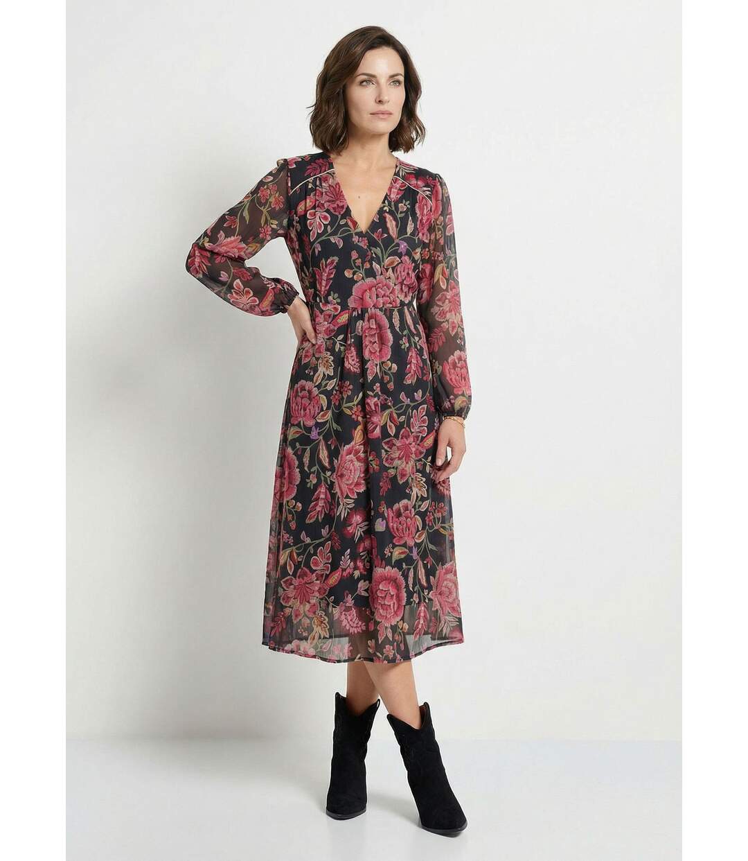 Robe longue cache-coeur volantée voile fleuri-1