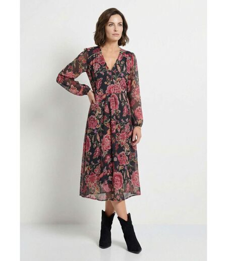 Robe longue cache-coeur volantée voile fleuri