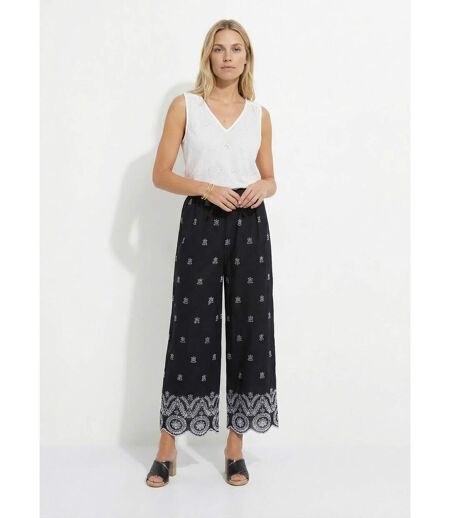 Pantalon large coton brodé taille élastiquée