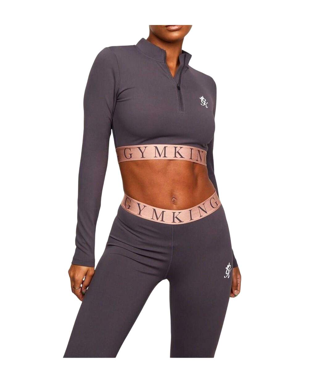 Womens/ladies Impact Half Zip Crop Top Slate Peach Gym King-4