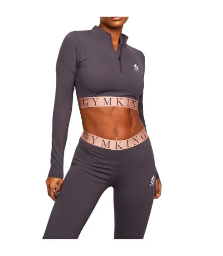 Womens/ladies Impact Half Zip Crop Top Slate Peach Gym King