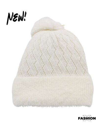 Bonnet femme avec pompon - 100% synthétique - Couleur blanc