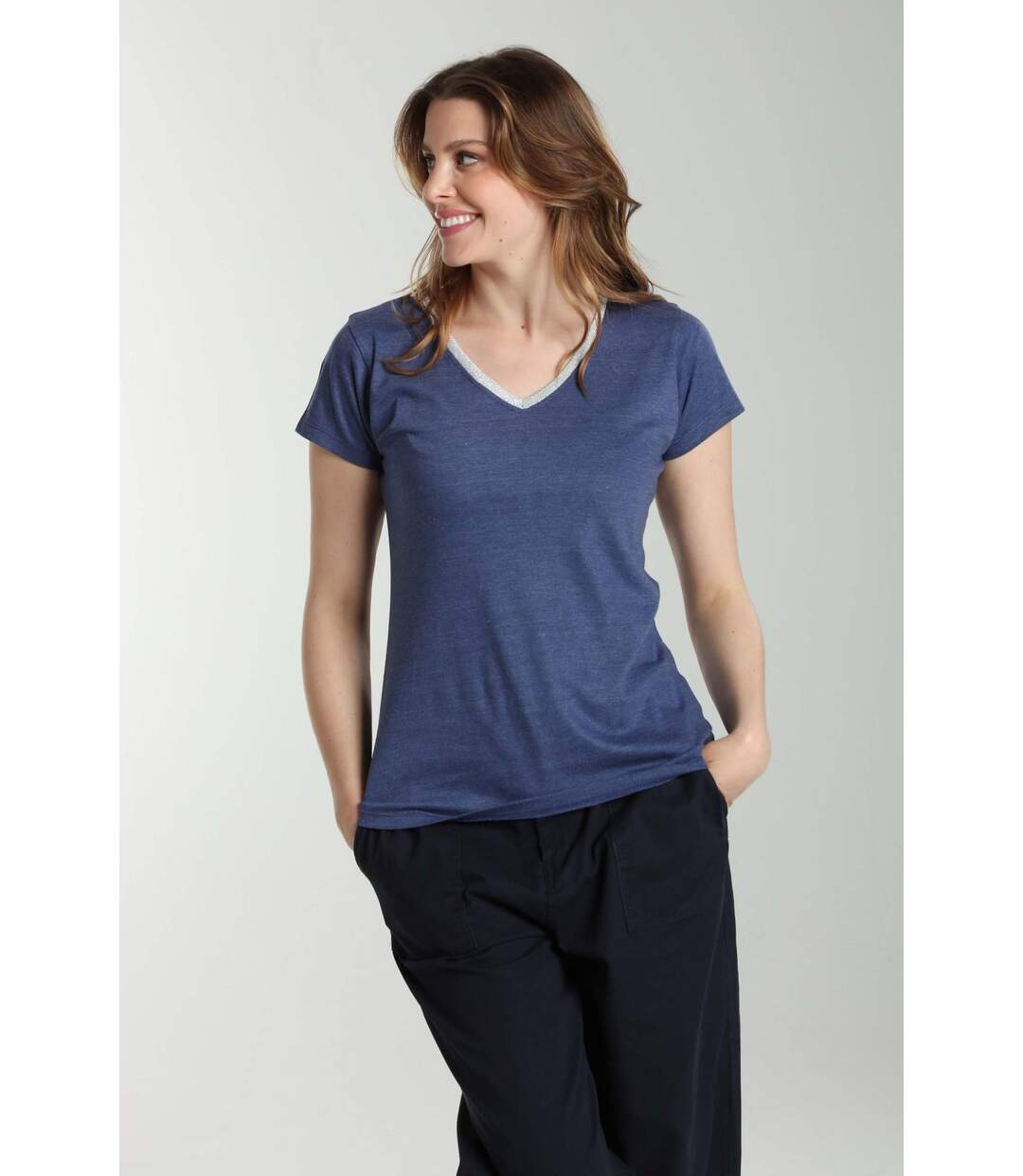 Tee Shirt Col V Lurex Manches Courtes Femme Tee Sun Twilight (marine) | Gerard Pasquier-1