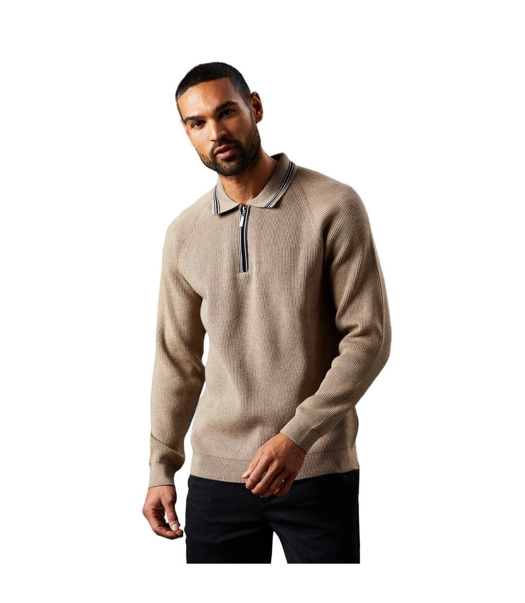 Mens Fine Gauge Knitted Long-sleeved Polo Shirt Natural Burton-1