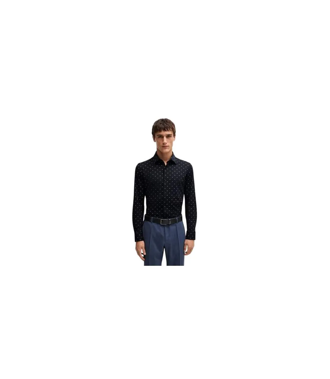 Mens Dotted Point Collar Long-sleeved Shirt Dark Blue Boss-1