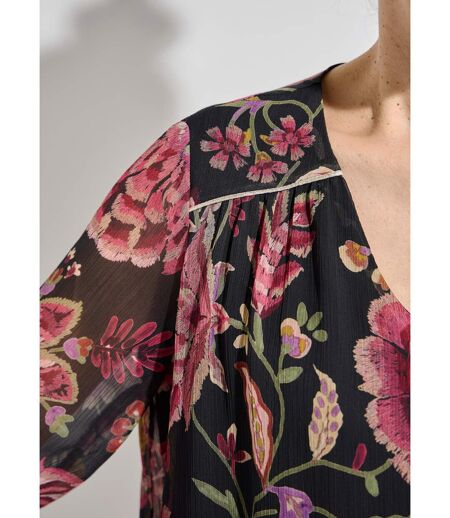 Blouse col V manches longues voile fleuri