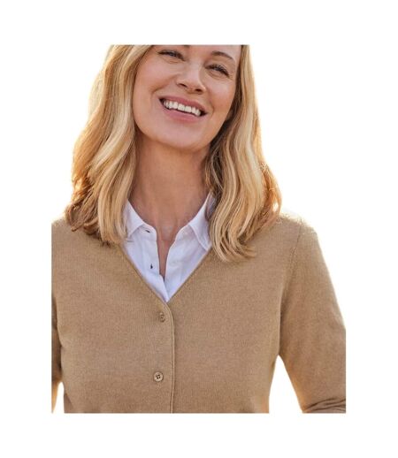 Womens/ladies Cashmere V Neck Classic Cardigan Camel WoolOvers
