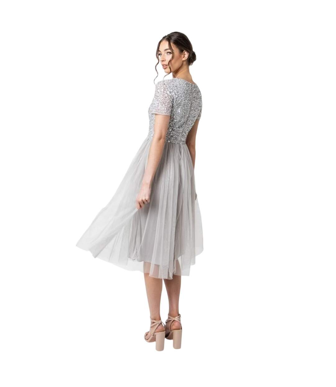 Robe Mi-longue Manches Courtes Femme Gris Clair Maya Deluxe-2