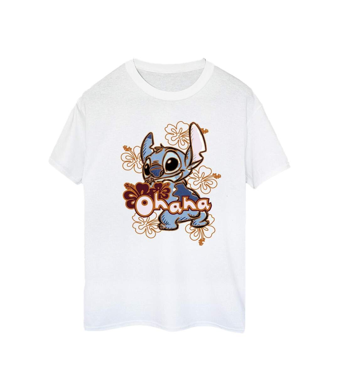Disney Womens/Ladies Lilo And Stitch Ohana Orange Hibiscus Cotton Boyfriend T-Shirt (Blanc) - UTBI30222-1