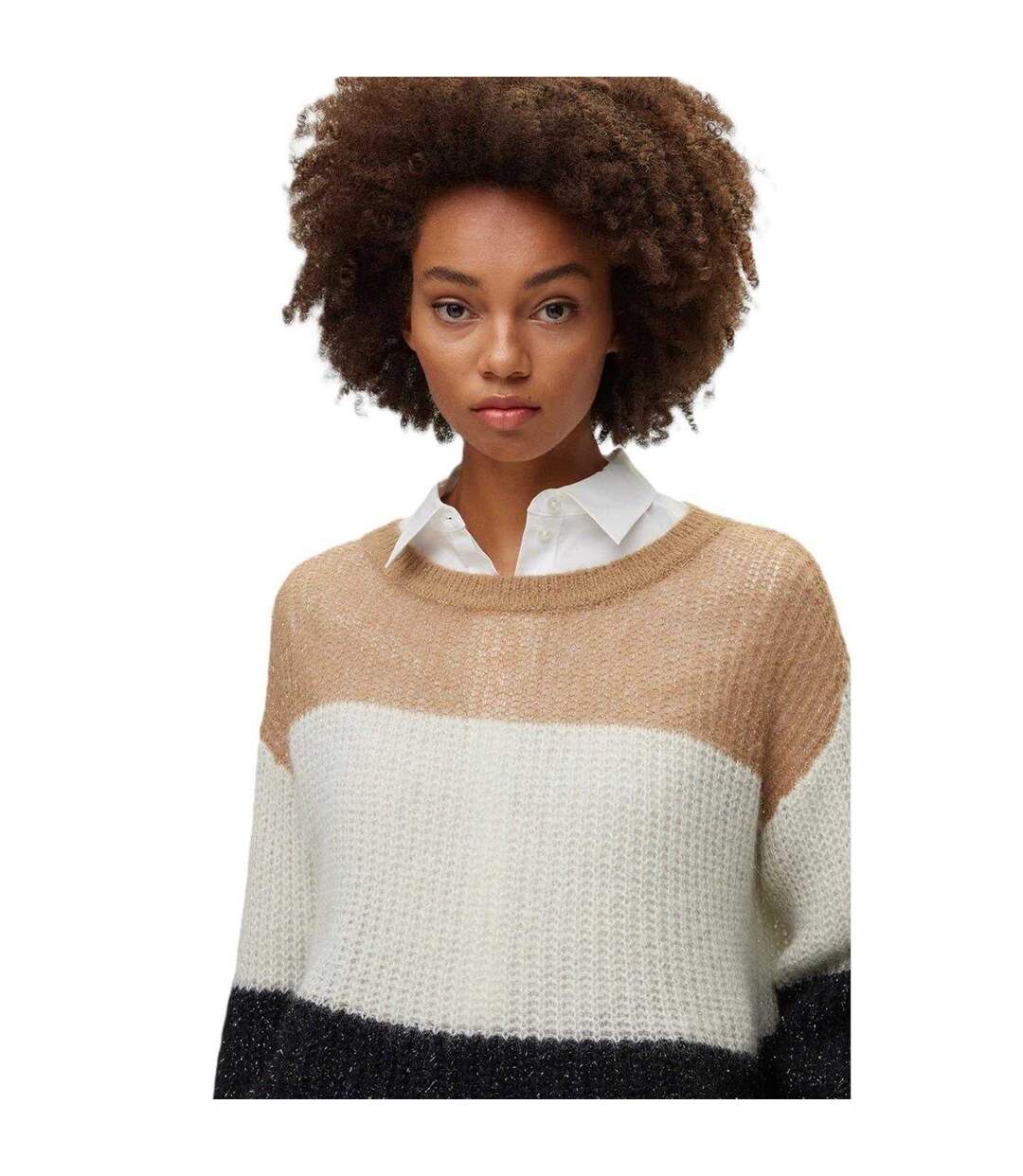 Womens/ladies Colour Block Crew Neck Sweater Top Black White Beige Boss-4