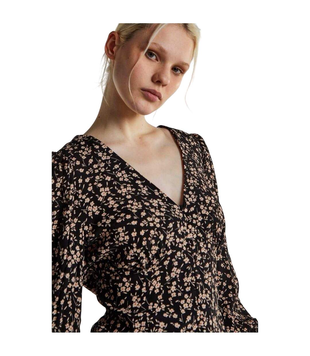 Womens/ladies Ditsy Print Button Front Puff Sleeve Top Black Glamorous-4