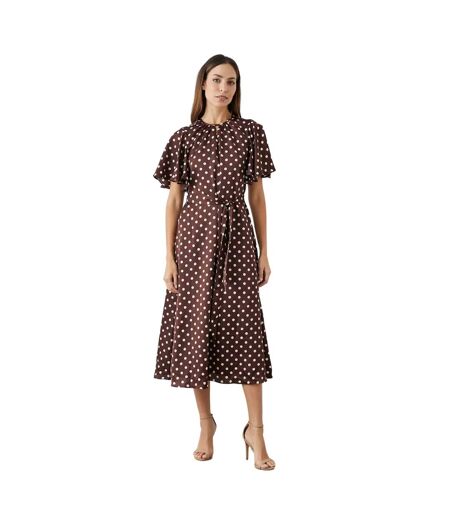 Womens/ladies spotted keyhole midi dress chocolate brown Principles