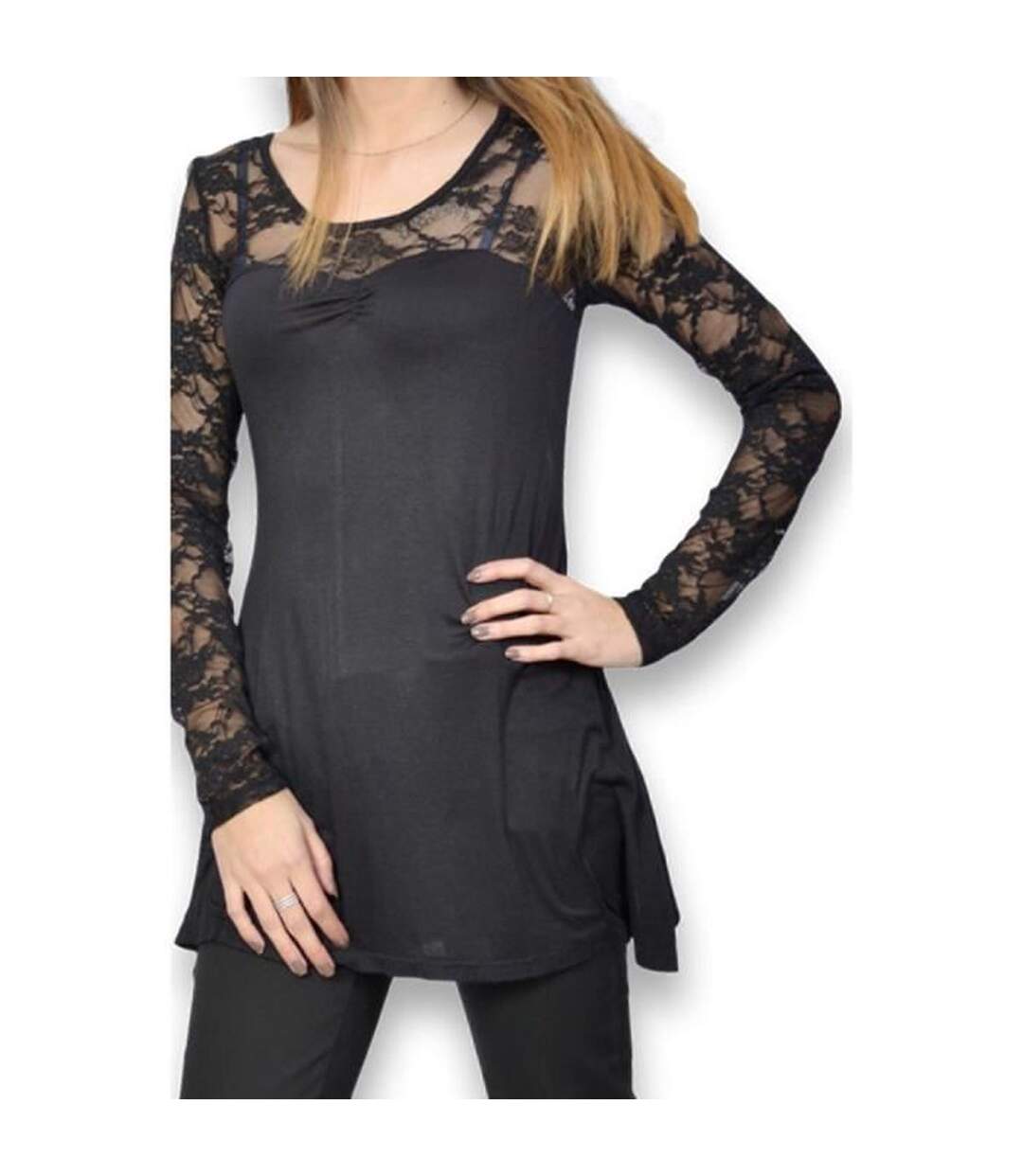 Robe femme habillée de couleur noir dentelle aux manches-4