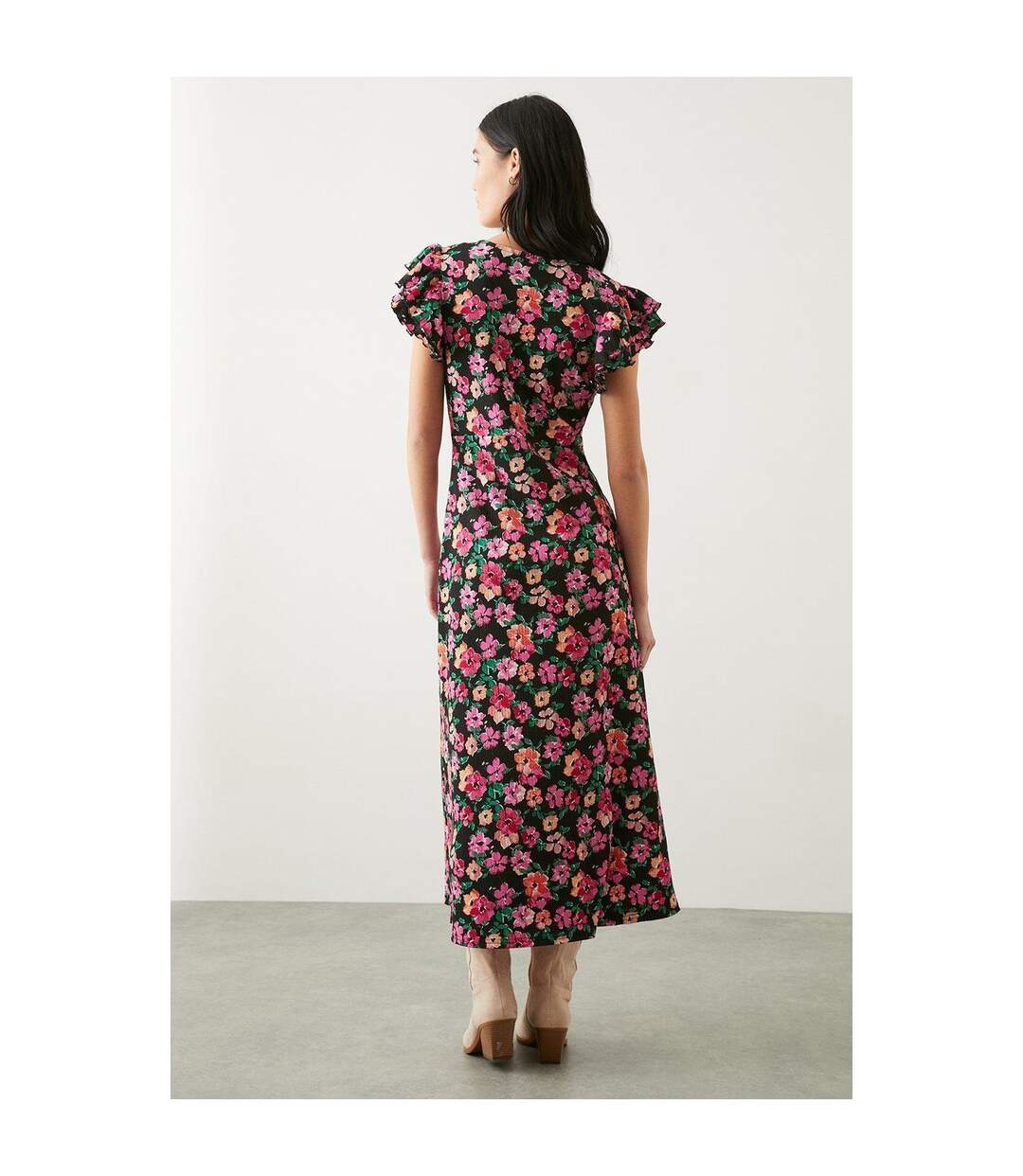 Womens/ladies floral ruffle empire midi dress black Dorothy Perkins