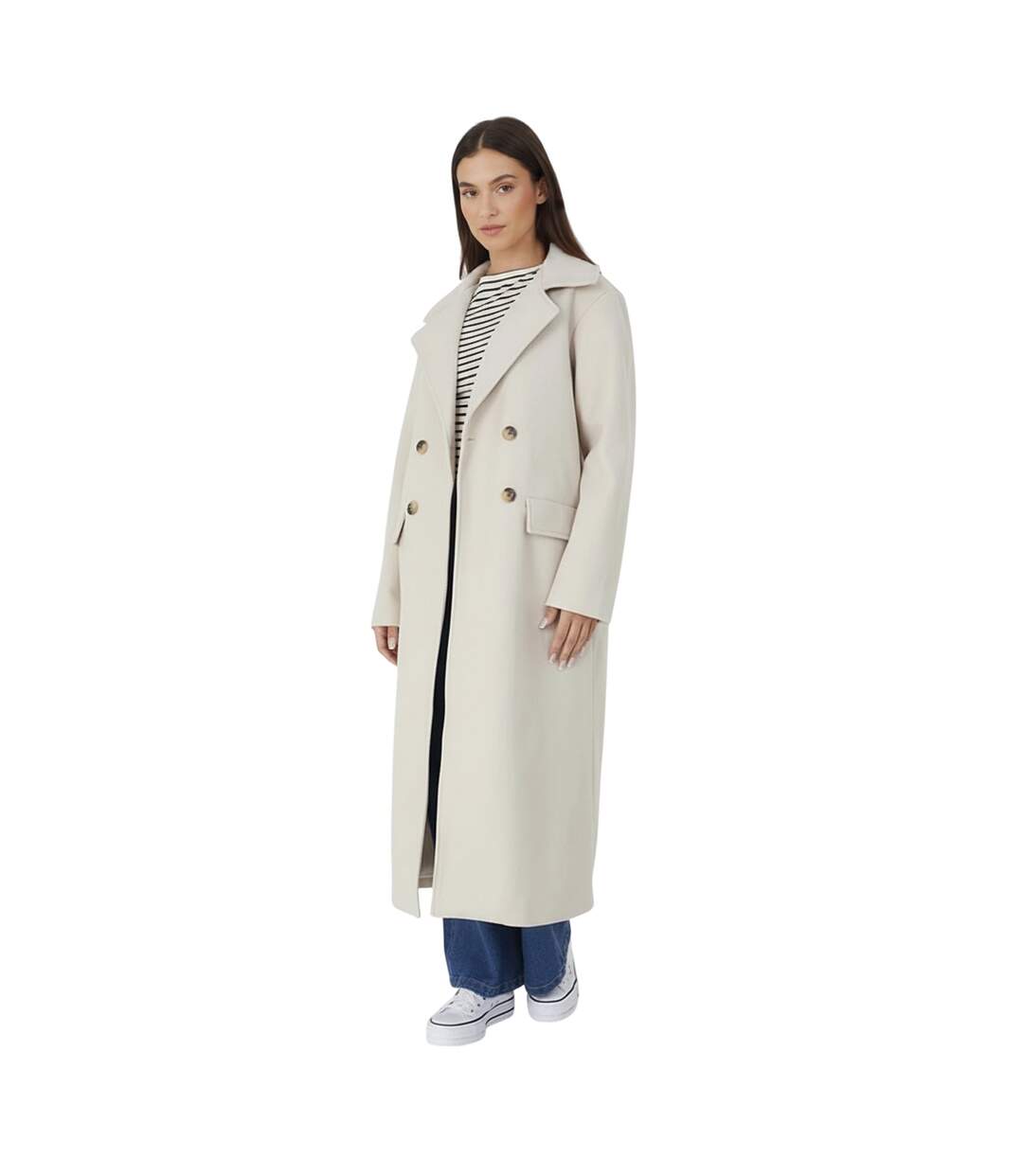 Womens/ladies Annabell Faux Wool Double-breasted Long Jacket Cream Brave Soul-1