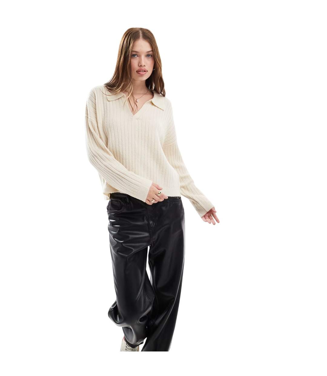 Womens/ladies Ribbed Polo Neck Jumper Cream Brave Soul-2