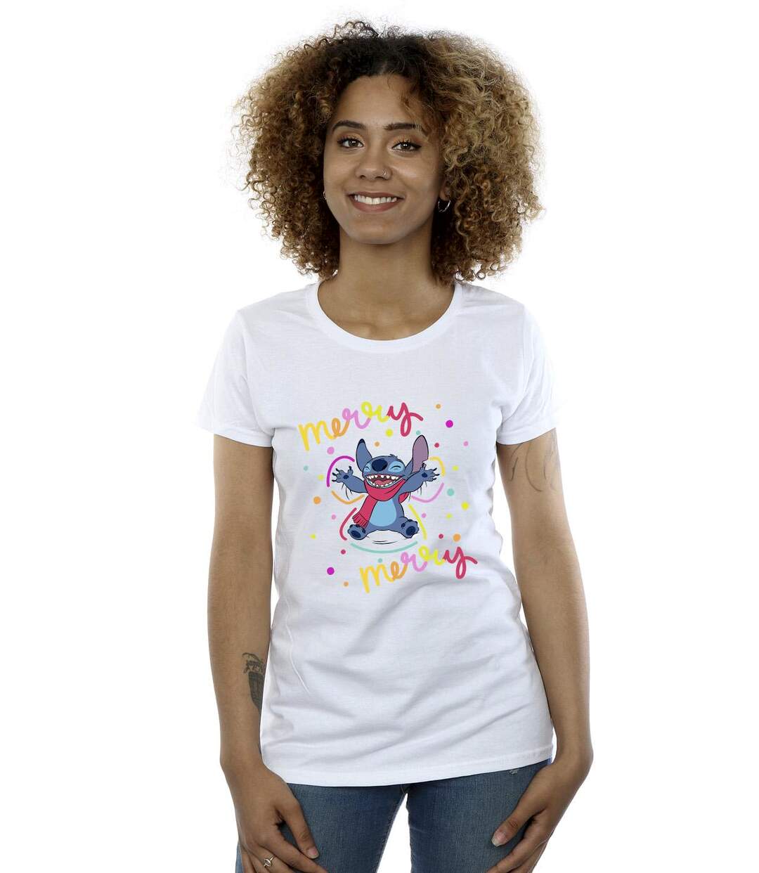 Disney T-shirt en coton Lilo & Stitch Joyeux arc-en-ciel Femme/Femme (Blanc) - UTBI26086-2