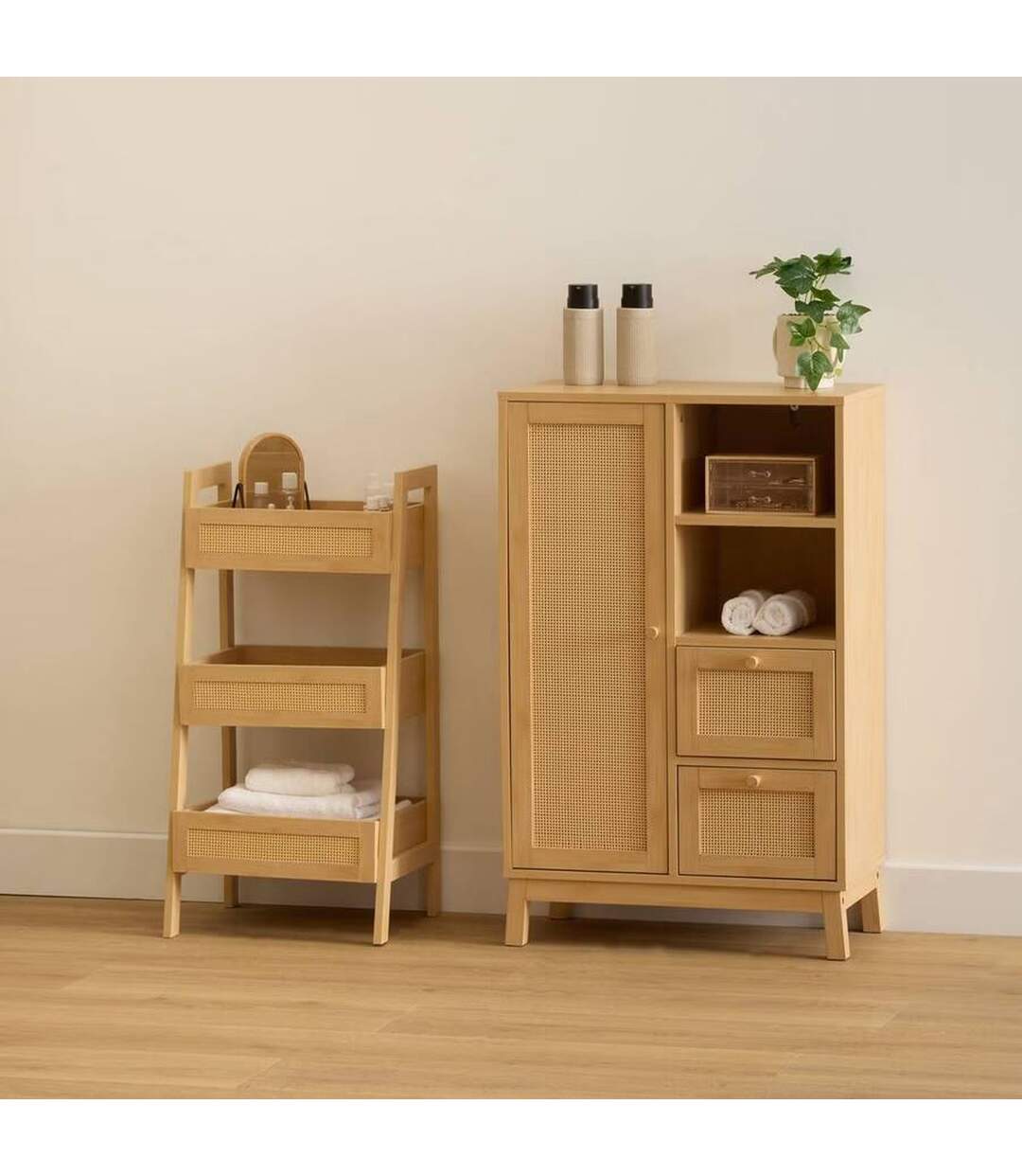 Meuble de rangement en rotin 2 tiroirs et 1 porte CANE - Marron-2