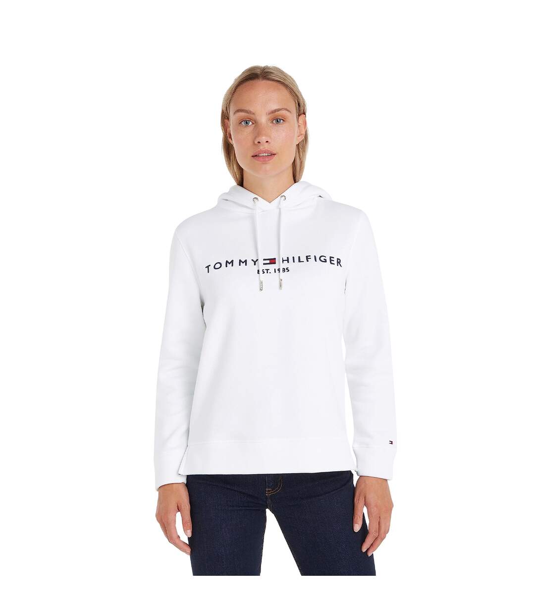Womens/ladies Essential Embroidered Logo Hoodie White Tommy Hilfiger-1