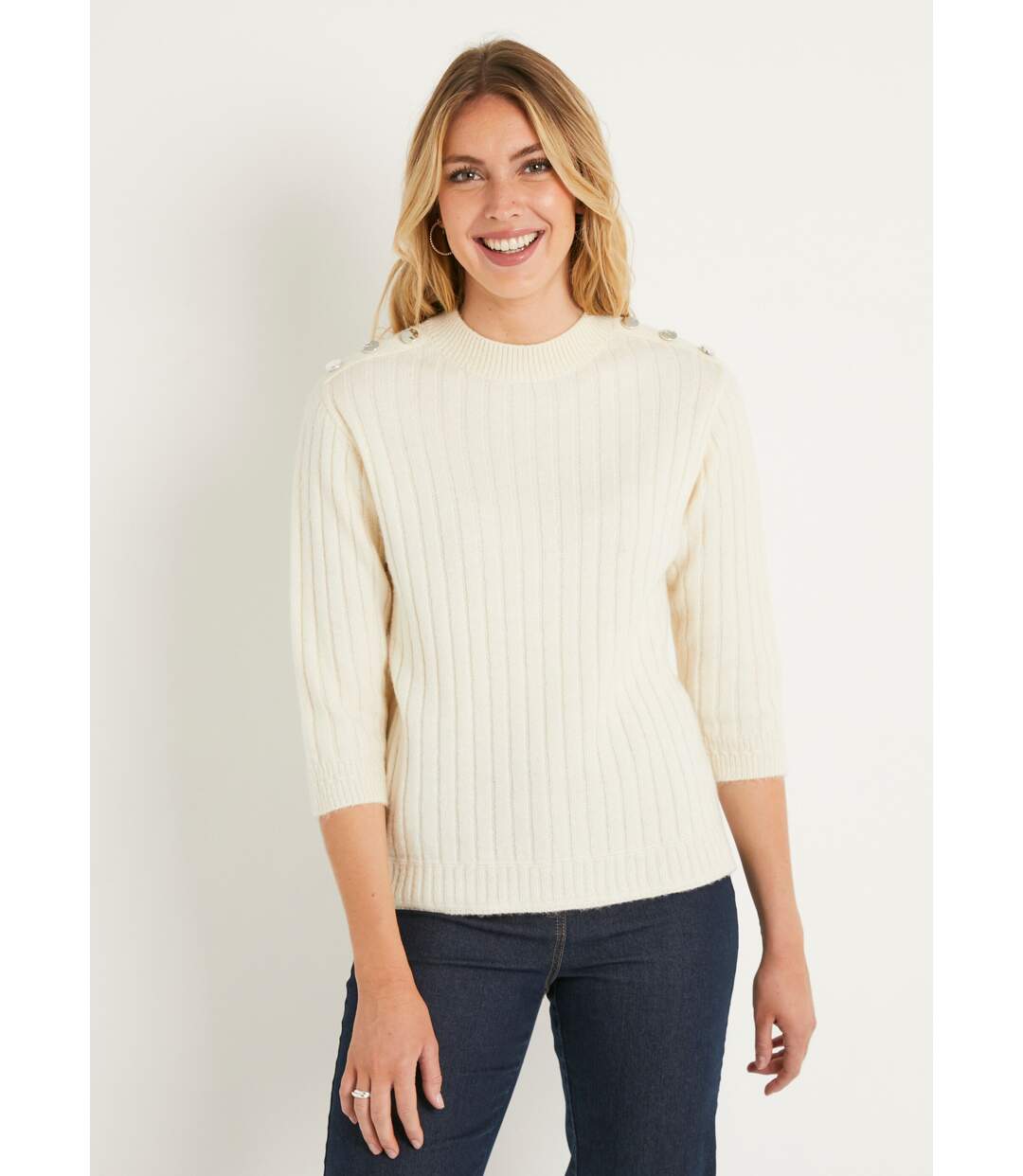 Pull droit maille côtelée col montant-1
