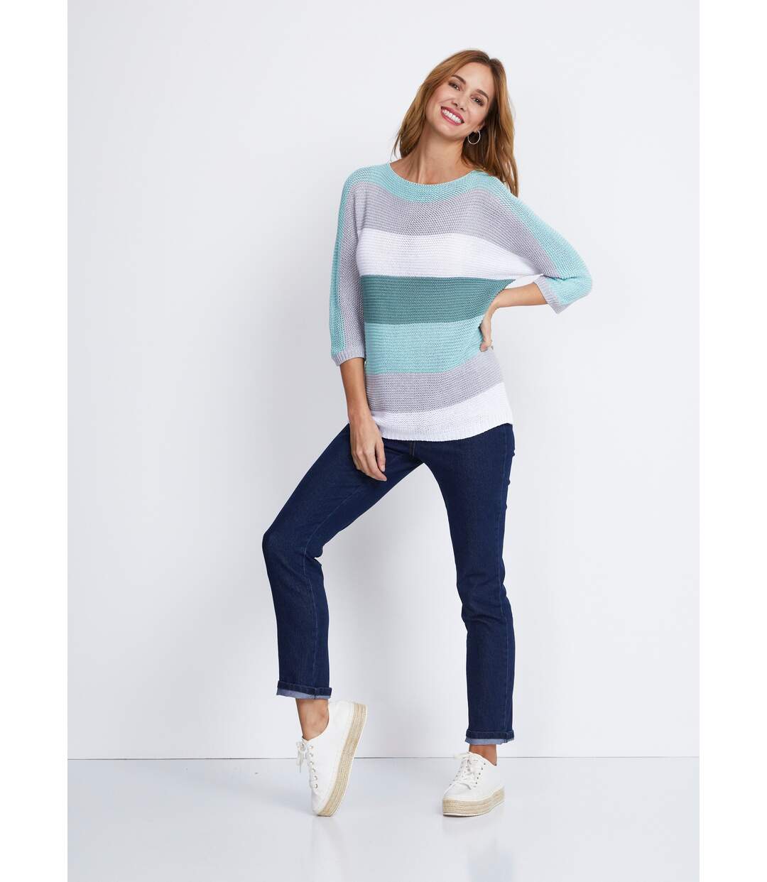 Pull rayé manches 3/4 point mousse-4