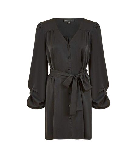 Womens/ladies V Neck Balloon Sleeve Mini Shirt Dress Black Mela London