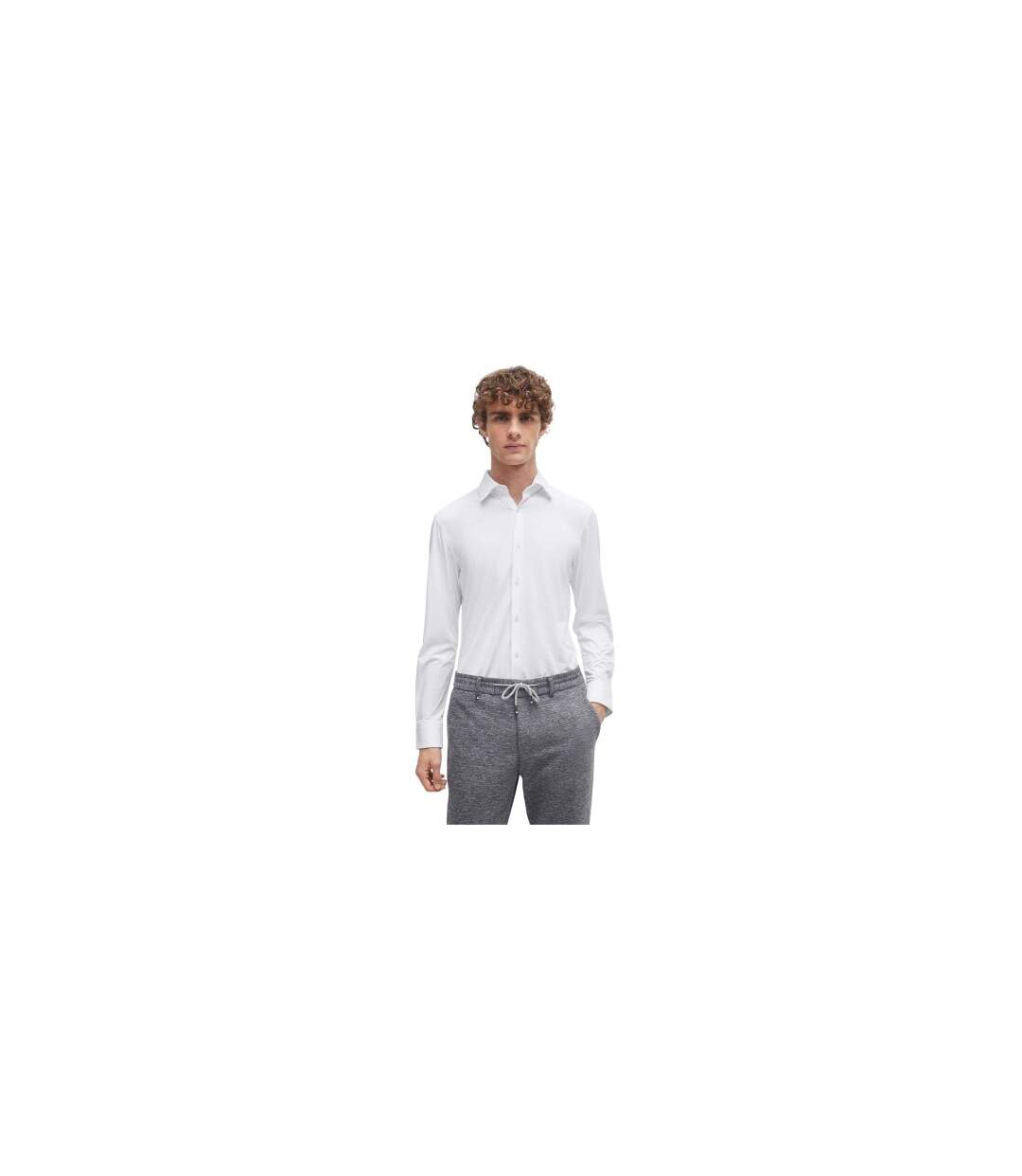 Mens Point Collar Long-sleeved Shirt White Boss-1