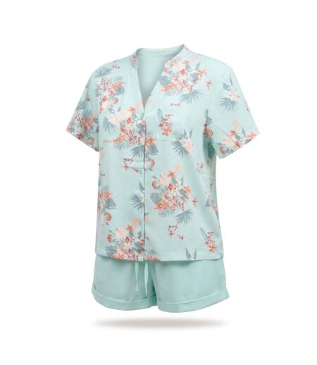 OZABI Pack 2 Pyjamas Courts Femme, Imprimé Tropical Col V Mao Short Fluide