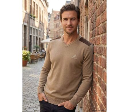 Pull Col V Homme Winchester Panel1 Beige avec Renforts Suédine