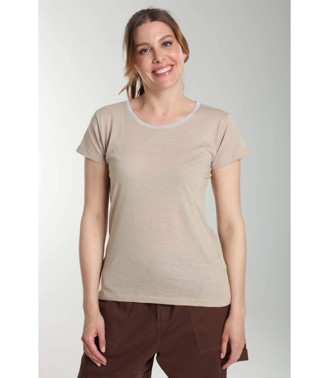 Tee shirt col rond lurex manches courtes femme Tee Summer Taupe Clair | Gerard Pasquier-1