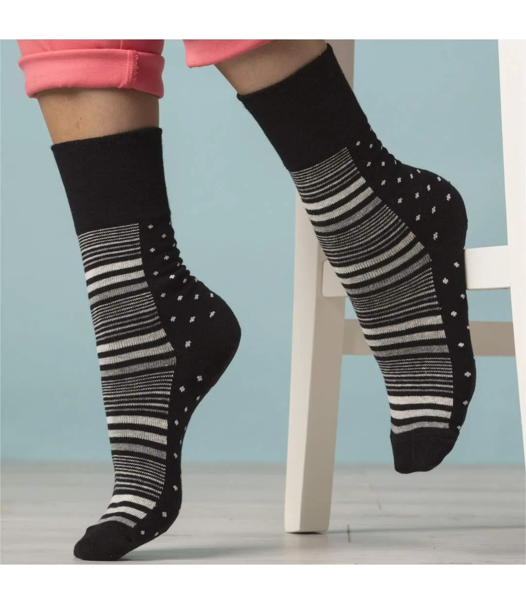 6 Pack Ladies Non Elastic Loose Top Patterned Cotton Rich Socks-5