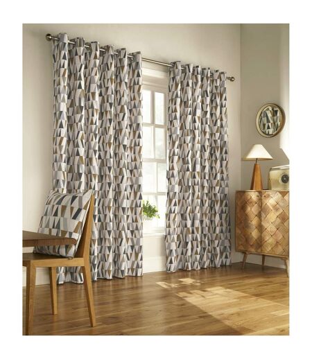 Furn Reno Ringtop Geometric Eyelet Curtains (Charcoal/Gold) (90in x 90in)