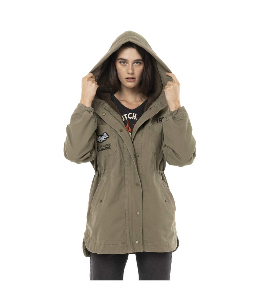 Veste femme à capuche doublée fausse fourrure avec patchs Sahaca Vondutch-3