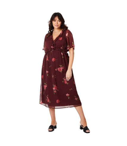 Womens/ladies floral chiffon frill plus midi dress maroon Dorothy Perkins